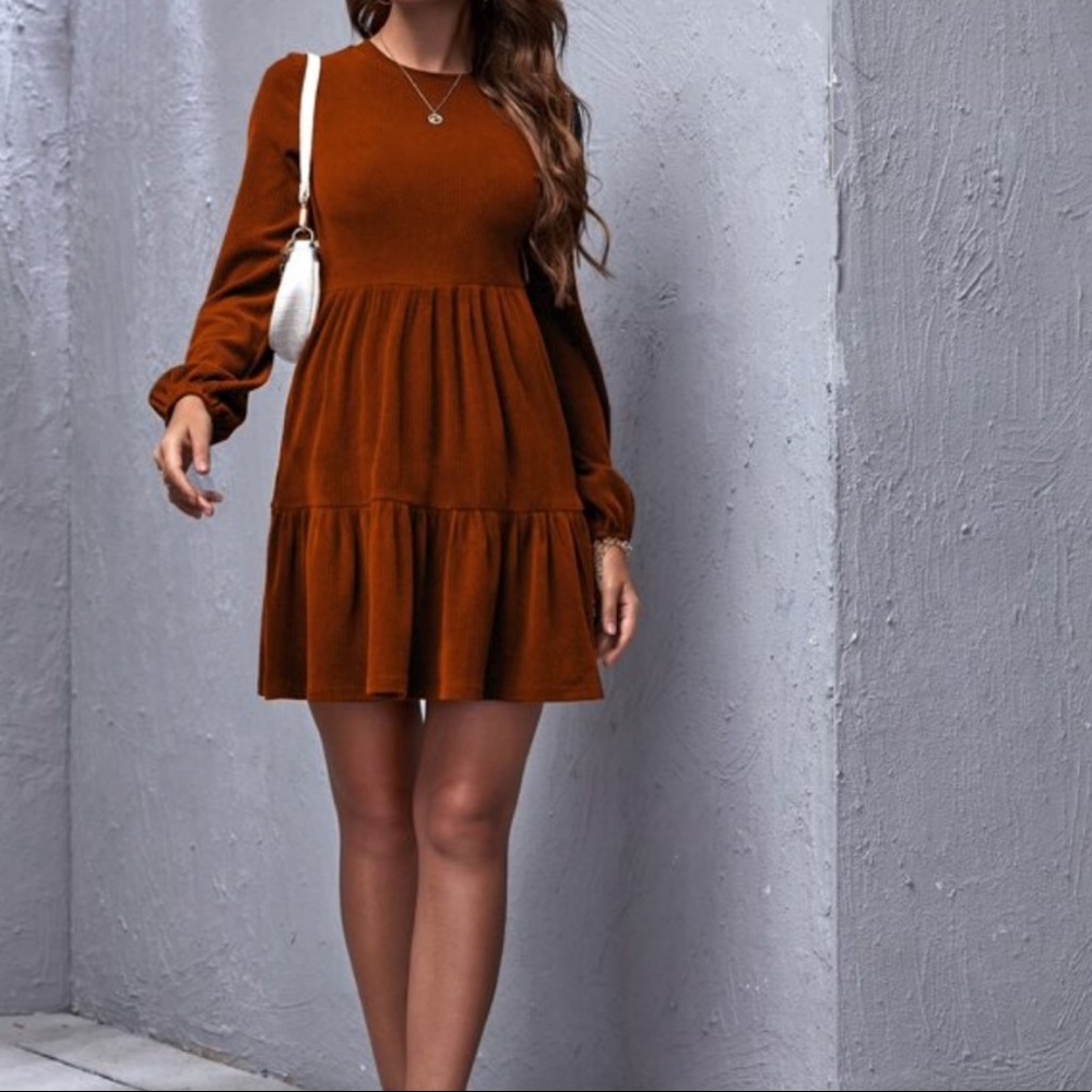 Rust brown long sleeve ruffle ribbed babydoll mini dress - Picture 2 of 4